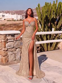 ADYCE Elegant Luxury Spaghetti Strap Waisted Backless Bodycon Tie-Back Sequin Fishbone High-Slit Prom Gown Homecoming Wedding Guest Formal Dinner Birthday - Champagne - View 7