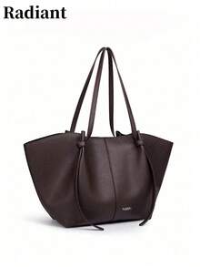 Large Capacity Dark Brown PU Tote Bag, No Extra Compartments, Neat Stitching, Solid Color, Suitable For Students' Daily Commute, Outings, Dates And Short Trips - Coffee - View 2