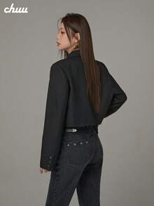 CHUU Wrinkled Long Sleeve Blazer Women's Autumn Black Casual Suit Loose Raw Edge Short Jacket - Black - View 4