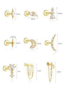 1pc 925 Sterling Silver Sparkling Zirconia Earrings Studs For Women 18K Gold Plated Flat Back Earring Tragus Conch Helix Piercing Birthday Gifts Jewelry - Gold - View 12