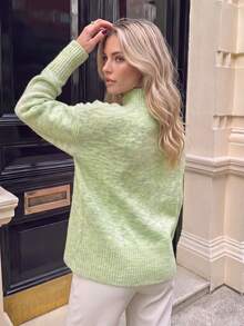 Nicenter Women's Elegant Mint Green Semi-High Neck Knitted Pullover Sweater, Split Hem Long Sleeve Top, Suitable For Autumn/Winter Daily Commute And Outings - Mint Green - View 2