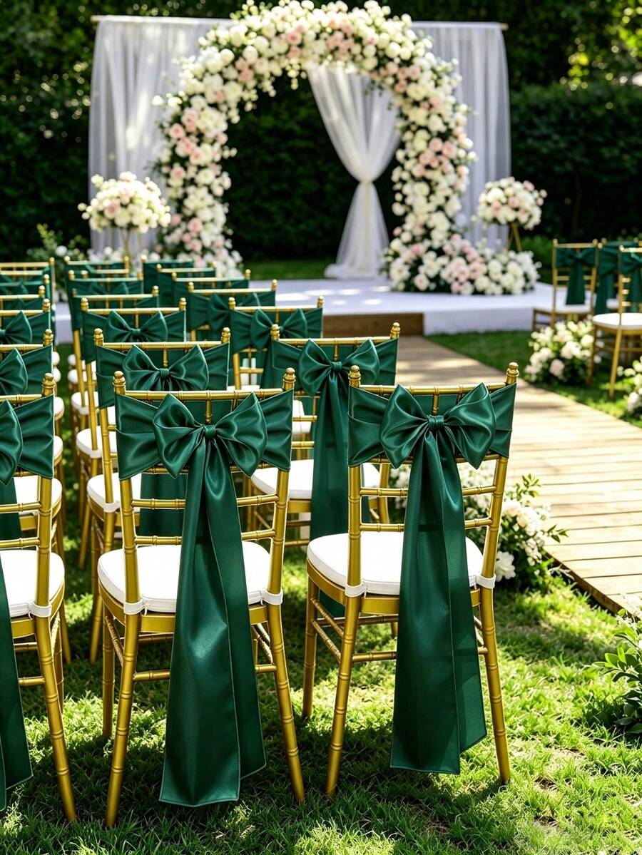 1pc/6pcs/10pcs Dark Green Satin Chair Sash Bows, Silk Chair Back Ribbon Belts Bows, Party Wedding Chair Back Decoration Ribbon Tie, Suitable For Birthday, Event, Hotel, Restaurant, Ceremony, Banquet Decoration - Dark Green - View 1