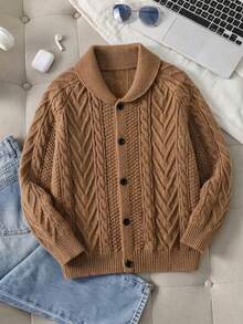 Boys' College Style Solid Khaki Cable Knit Cardigan Sweater With Turn-Down Collar And Raglan Sleeves, Suitable For School Daily Casual Wear In Spring, Autumn And Winter - Brown - View 4
