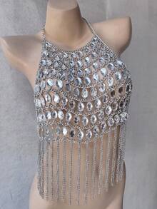 ZHENGHEN Glam Buling Silver Chain Tassel Body Harness Top, Sparkly Oval Rhinestone Halter Body Jewelry For Club Rave Festival Beach Party - White - View 5