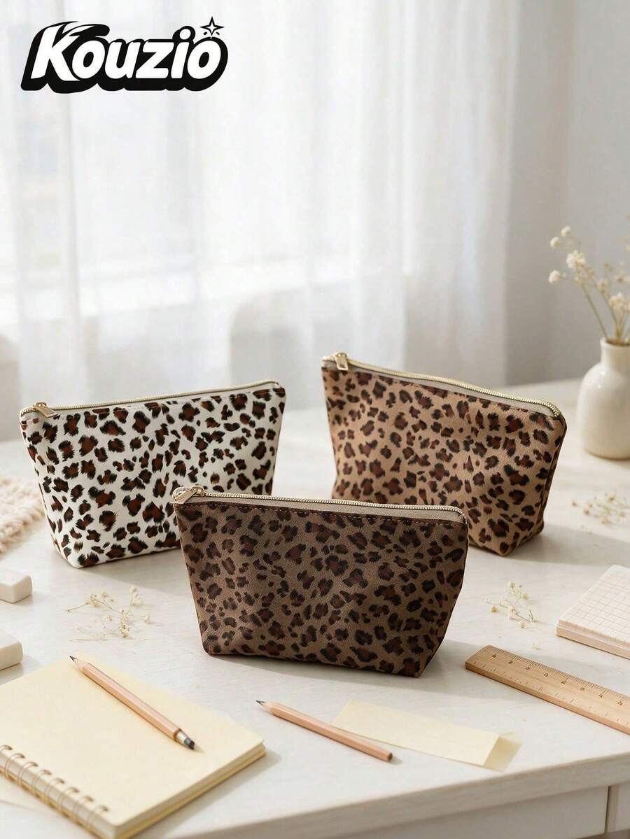 1 buah Tempat Pensil Motif Leopard Retro dengan Resleting, Kapasitas Besar, Ringan, dan Serbaguna, Organizer Alat Tulis & Makeup untuk Remaja Putri dan Siswa, untuk Sekolah, Kantor, Perjalanan, dan Penggunaan Sehari-hari - Motif Leopard Karamel - View 1