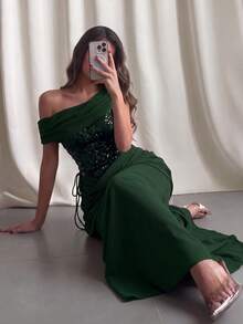 性感夏季露背單肩亮片不對稱長版大擺洋裝 女款時尚水晶裝飾晚禮服 深綠色優雅派對洋裝 - 墨綠色 - 查看 3