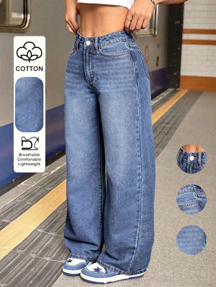 Women's Casual Loose Straight Leg Jeans With Pockets Spring Fall - Medium Wash - View 1