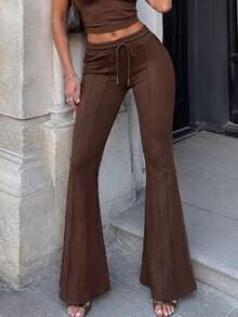 Women's Brown High Waisted Sweatpants Drawstring Flared Wide Leg Bootcut Casual Lounge Wear- - Brown - View 9