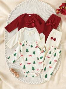 Newborn Cute Multi-Piece Set Bowknot Pattern Long Sleeve Jumpsuit And Casual Pants With Pockets, 3-Piece Outfit Combination For Baby Girls - Multicolor - View 1