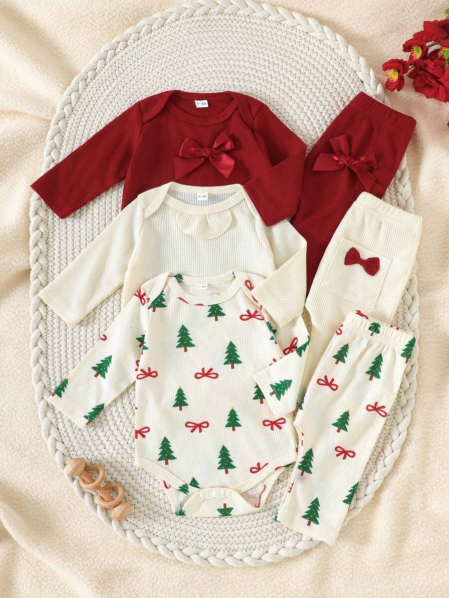 Newborn Cute Multi-Piece Set Bowknot Pattern Long Sleeve Jumpsuit And Casual Pants With Pockets, 3-Piece Outfit Combination For Baby Girls - Multicolor - View 1