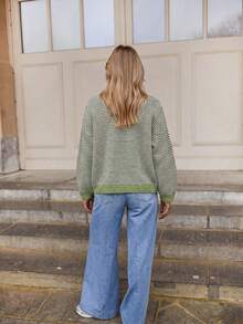 Women's Autumn/Winter Vintage Green & White Striped Round Neck Knit Sweater, Soft Fluffy Fabric, Contrast Ribbed Collar & Cuffs, Loose Drop Shoulder Fit, Lazy Vibe, Versatile For Daily Commute, Gentle & Flattering - Green - View 7