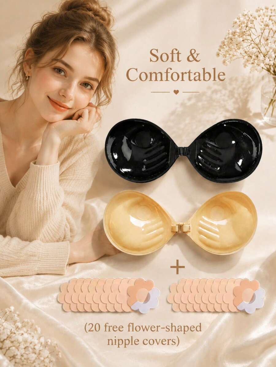 1/2pcs Women's Adhesive Bra (Includes 20 Nipple Covers), Soft And Comfortable, Suitable For Dresses, Evening Gowns, Parties, Dinners, Graduation Ceremonies, Dates, Music Festivals And Other Occasions, All Year Round. - Multicolor - View 1
