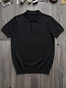 Men's Summer Fashion Ribbed Polo Collar Short Sleeve Sweater, Essential Summer Knit Short Sleeve - Black - View 3