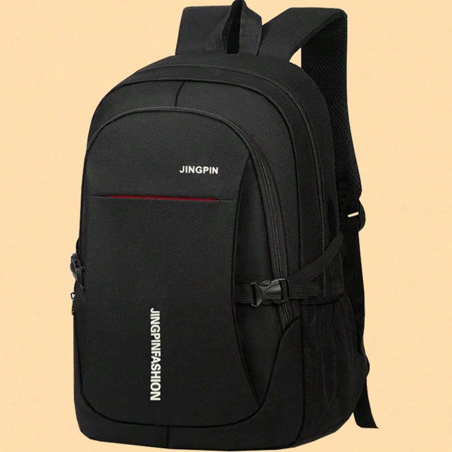 Waterproof Oxford Fabric, Logo, Multi-Pocket Design, Side Water Bottle Holder, Thickened Adjustable Shoulder Strap, Fashion Laptop Backpack, Unisex, Suitable For School And Travel - Black - View 1