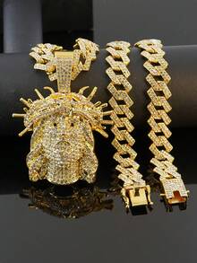 1pc Hip Hop Full Rhinestone Jesus Head Pendant Necklace, Heavy Rhinestone Inlaid Cuban Chain, Gold Vintage Religious Style Accessory, Rap Stage Party Unisex Personalized Gift Jewelry - Crown Of Thorns Jesus - View 12