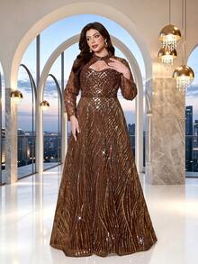 Plus Size Summer/Autumn Elegant High Neck Hollow Out Sequin Beaded A-Line Maxi Dress, Long Sleeve Sheer Tulle Formal Gown - Coffee Brown - View 6