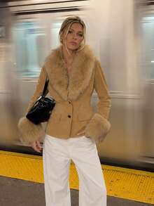 Autumn/Winter Lapel Long Sleeve Pocket Warm Faux Fur Coat - Khaki - View 5