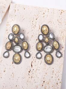 1 Pair Luxury Vintage Exaggerated Geometric Full Rhinestone Multi-Layer Patchwork Pendant Earrings, Fashionable Elegant Cool Elegant Versatile For Women - Fashion Patchwork Pendant Earrings - View 5