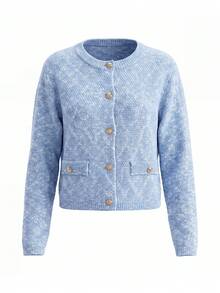 Women Crew Neck Pocket Knit Cardigan Light Blue Gold Button Long Sleeve Fall Winter Top - Blue - View 8