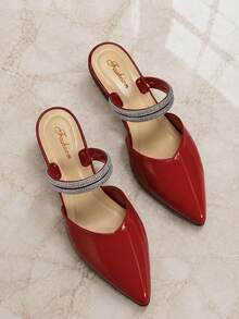Patent Leather Double Strap Rhinestone Block Heel Mules Comfortable Elegant Versatile Women's Shoes Spring - Red - View 2