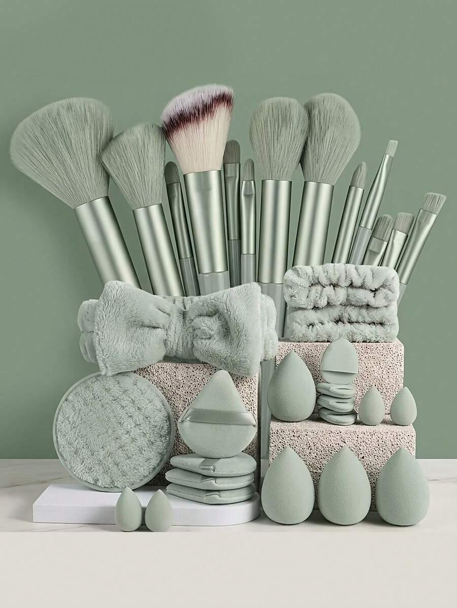 Professional Makeup Brush Set, 13 Brushes And 4 Triangle Powder Puffs With Storage Bag. Soft Nylon Bristles, Suitable For All Skin Types, Portable Oval Foundation Brush, Eyeshadow Brush - Multicolor - View 1