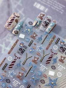 1pc 5D Full Nail Sticker Embossed Vintage Collegiate Style Bear Denim Star Bow Tie Zipper Badge Pattern Waterproof Self-Adhesive Nail Art Sticker Suitable For Back To School Season Daily Party DIY Manicure - Multicolor - View 1