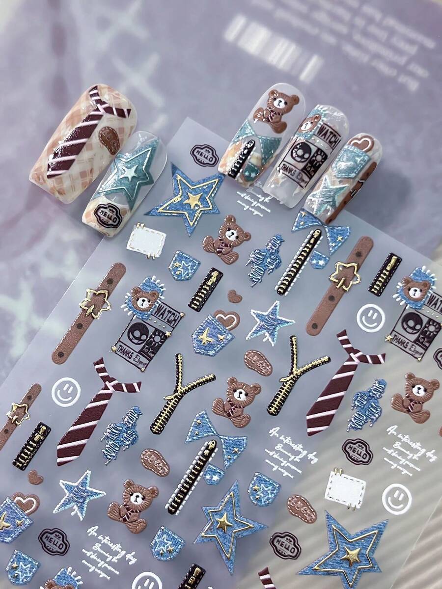 1pc 5D Full Nail Sticker Embossed Vintage Collegiate Style Bear Denim Star Bow Tie Zipper Badge Pattern Waterproof Self-Adhesive Nail Art Sticker Suitable For Back To School Season Daily Party DIY Manicure - Multicolor - View 1