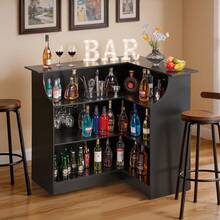 Home Bar Unit, L-Shaped Wine Bar Cabinet Table 4-Tier With Storage Shelves,  Wine Glass Holder, 300 Lbs Max Capacity, Wood Liquor Cabinet For Home, Kitchen, Living Room, Pub, Basement, Black - Black - View 9