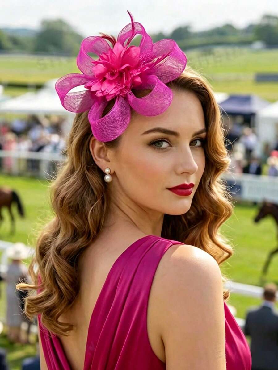 1pc Women's Hair Accessory Hat Kentucky Style Tea Party Hat Horse Racing Headband Wedding Floral Hair Clip - Hot Pink - View 1