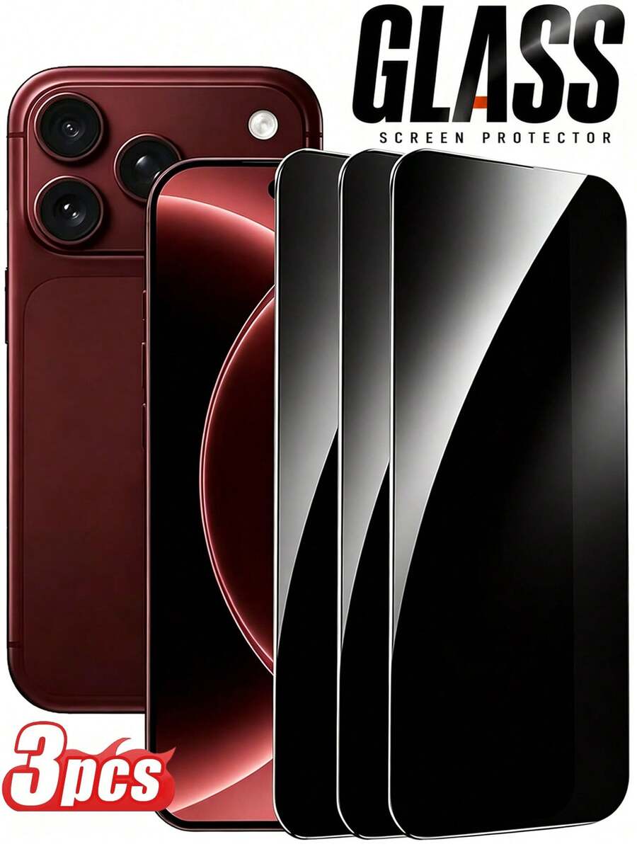 3pcs Privacy Tempered Glass Screen Protector, Compatible With IPhone 17 Pro Max/17/16 Pro Max/15 Pro/17/16/15/14/13/12/11/16/Plus/Mini/X/XS Max, 9H+ Hardness, Ultra Clear, Anti-Scratch, Anti-Fingerprint, Easy Installation, Privacy Screen Protector - Black - View 1