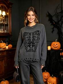 HOMEYEE Women's Autumn/Winter Distressed Skull Jacquard Half-High Neck Sweater, Gray Base With Contrast Color Trim Hem, Loose Lazy Pullover Knit Top For Halloween - Grey - View 3