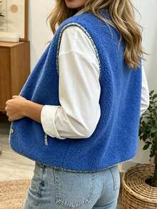 Women's Patchwork Lace Knit Fabric Button Vest, Suitable For Daily Home Wear And Vacation, Spring/Summer/Autumn Style - Blue - View 2