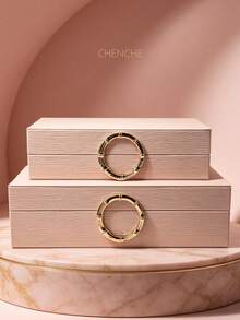 Set Of 2 Small & Large Ripple Textured PU Leather Jewelry Boxes With Gold Round Metal Handle, Luxury Cream White Lidded Accessory Organizer Storage Box For Bedroom Vanity Home Decor Gift - White - View 10