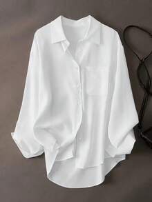 Women's Solid White Shirt, Collared Long Sleeve Button Front Pocket Blouse For Business, Office, Commute, Home, Holiday, Spring Fall Winter - White - View 2