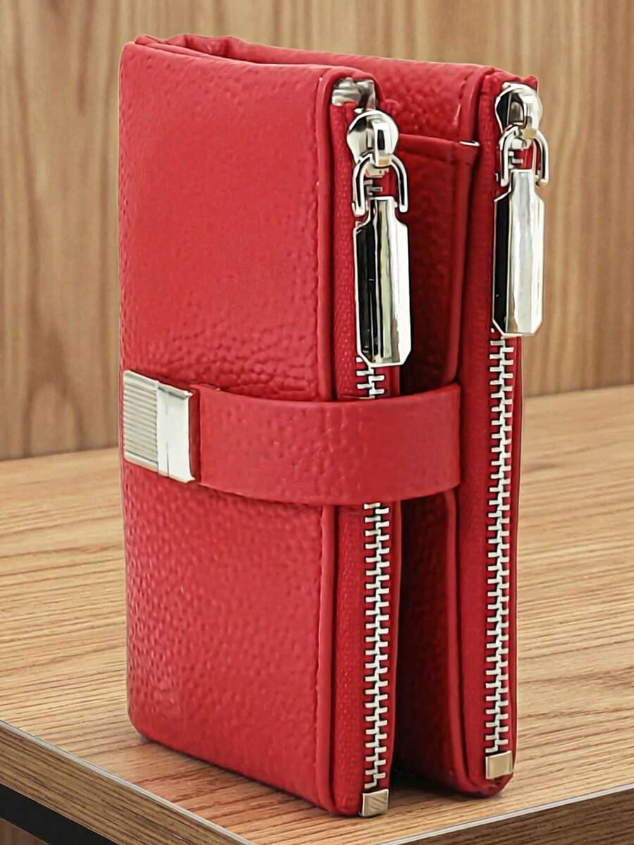 Women's Short PU Soft Animal Print Fashion Patchwork Exquisite Snap Closure Large Capacity Multi-Card Slot Multi-Function Card Holder Document Organizer, Young Zipper Coin Purse Compact Lightweight Portable Suitable For Holiday Gift - Red - View 1