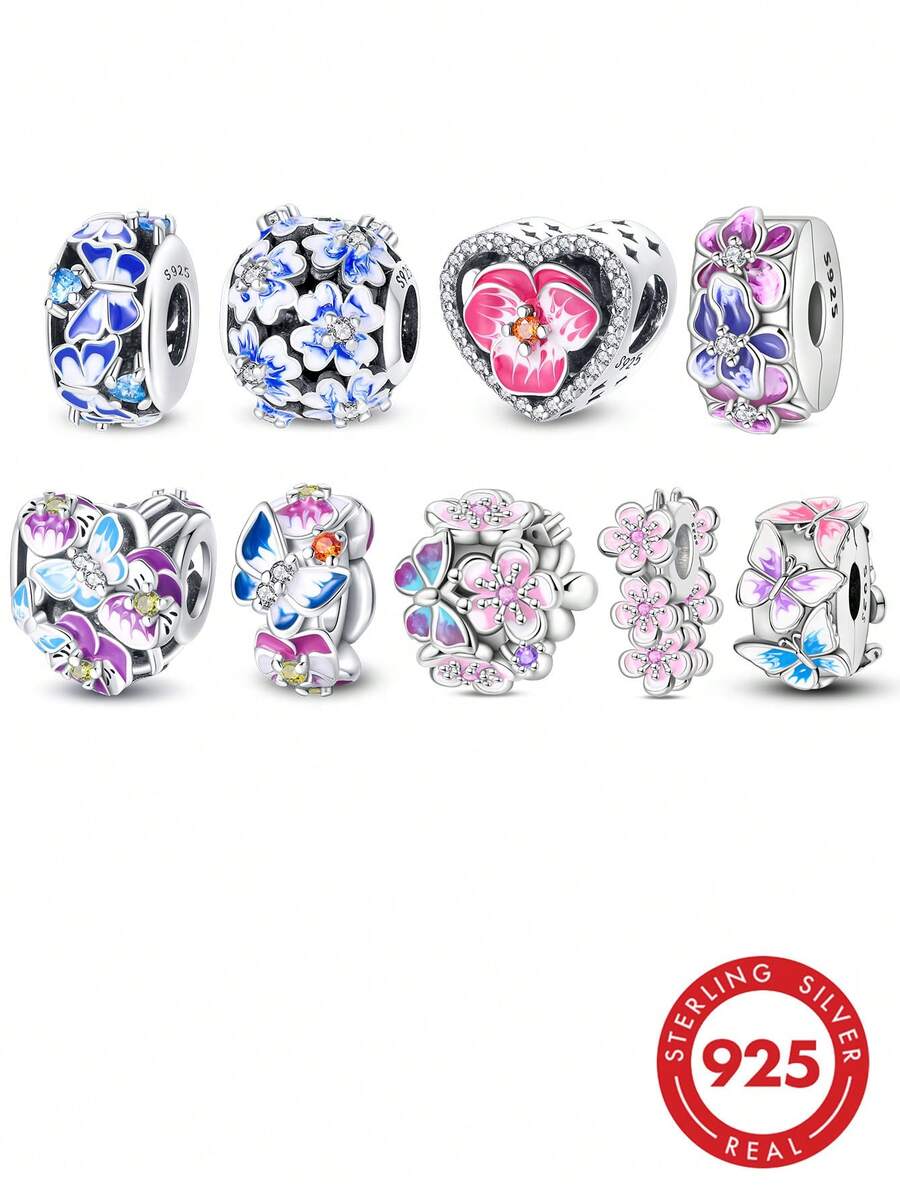 1pc Romantic Floral 925 Sterling Silver Colorful Butterfly Flower Heart Pendant Bead, Women's DIY Bracelet Spacer, Delicate Spring Jewelry Gift