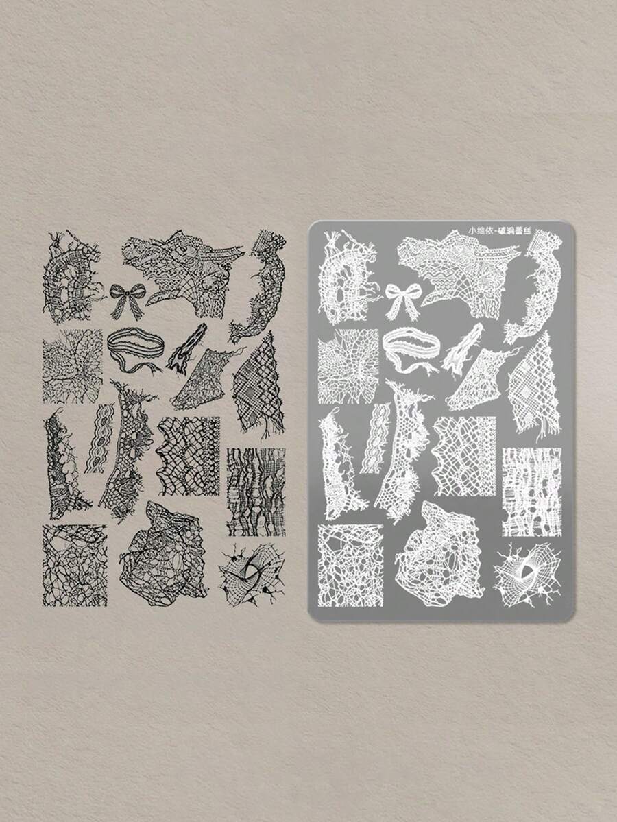 1Pc Broken Lace Nail Stamping Plate, Hollow Ripped Lace Bow Ribbon Pattern Nail Art Template, Reusable Stainless Steel Nail Image Plate For DIY Manicure Nail Salon Decoration