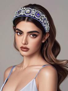 1pc Luxury Rhinestone Headband Handmade Fashion Wide Band Hair Accessory Suitable For Wedding Holiday Party Women - Blue - View 3