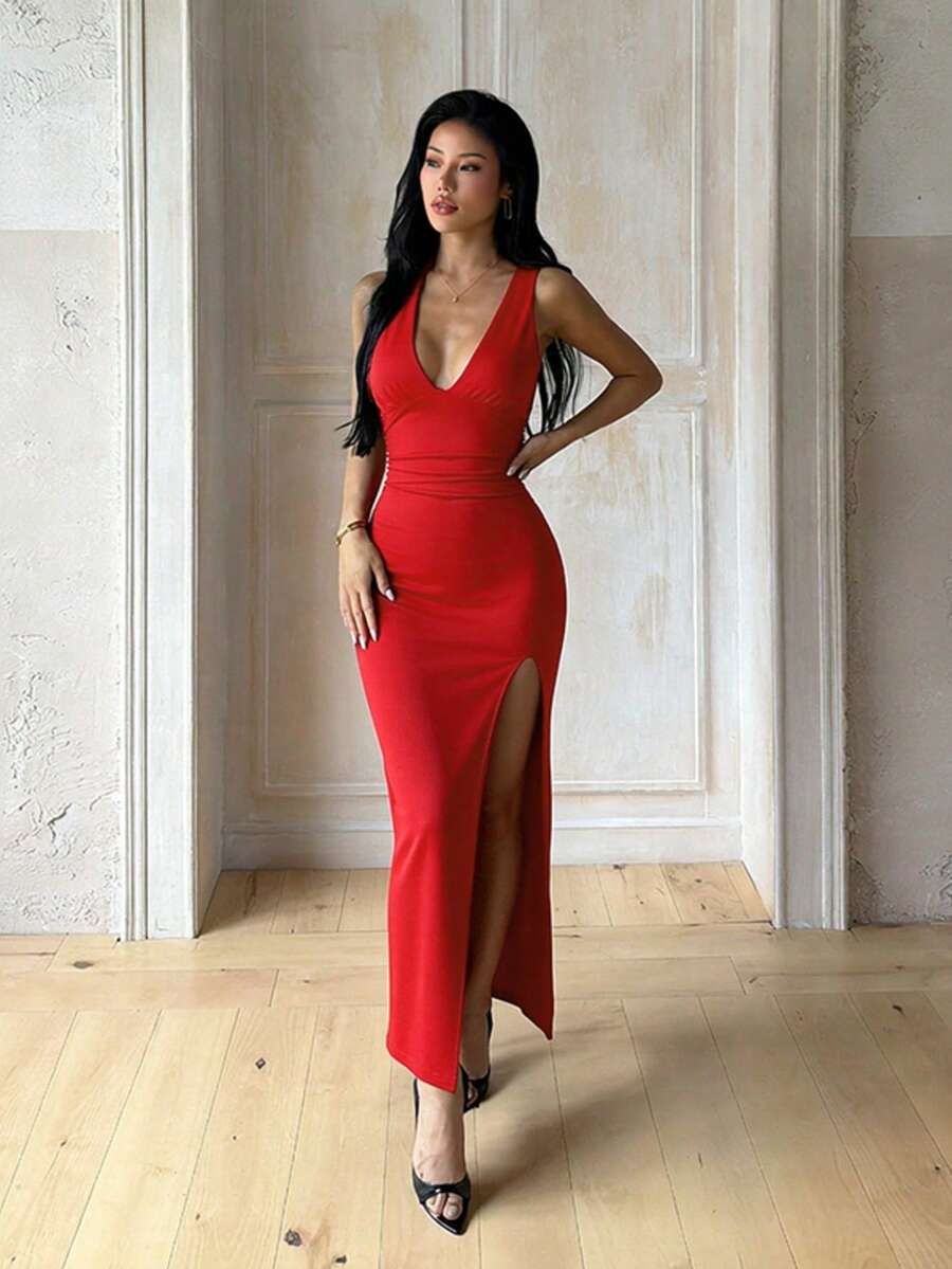 1pc Solid Color Elegant Knitted Fabric Slit Dress Beach Summer - Red - View 1