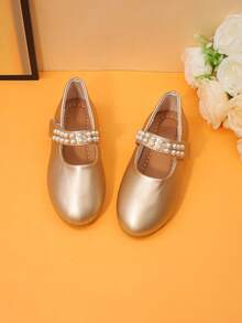 1 Pair Gold Girls' Pearl Strap Mary Jane Flat Shoes, Round Toe Formal Shoes, Children Flower Girl Princess Shoes, Suitable For Wedding Party Performance - Gold - View 5