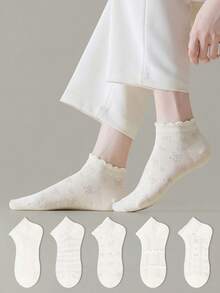 ZUJO 5 Pairs White Women's Lace Trim Short Socks, Butterfly And Heart, Polka Dot Patterns, Simple And Comfortable, Suitable For All Seasons, JK School Style, Random Color Shipping - White - View 4