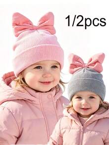 1/2PCS Girls Toddler Baby Knitted Big Bow Decor Cute Children Autumn Winter Warm Knitted Knitted Hat - Bow - View 1