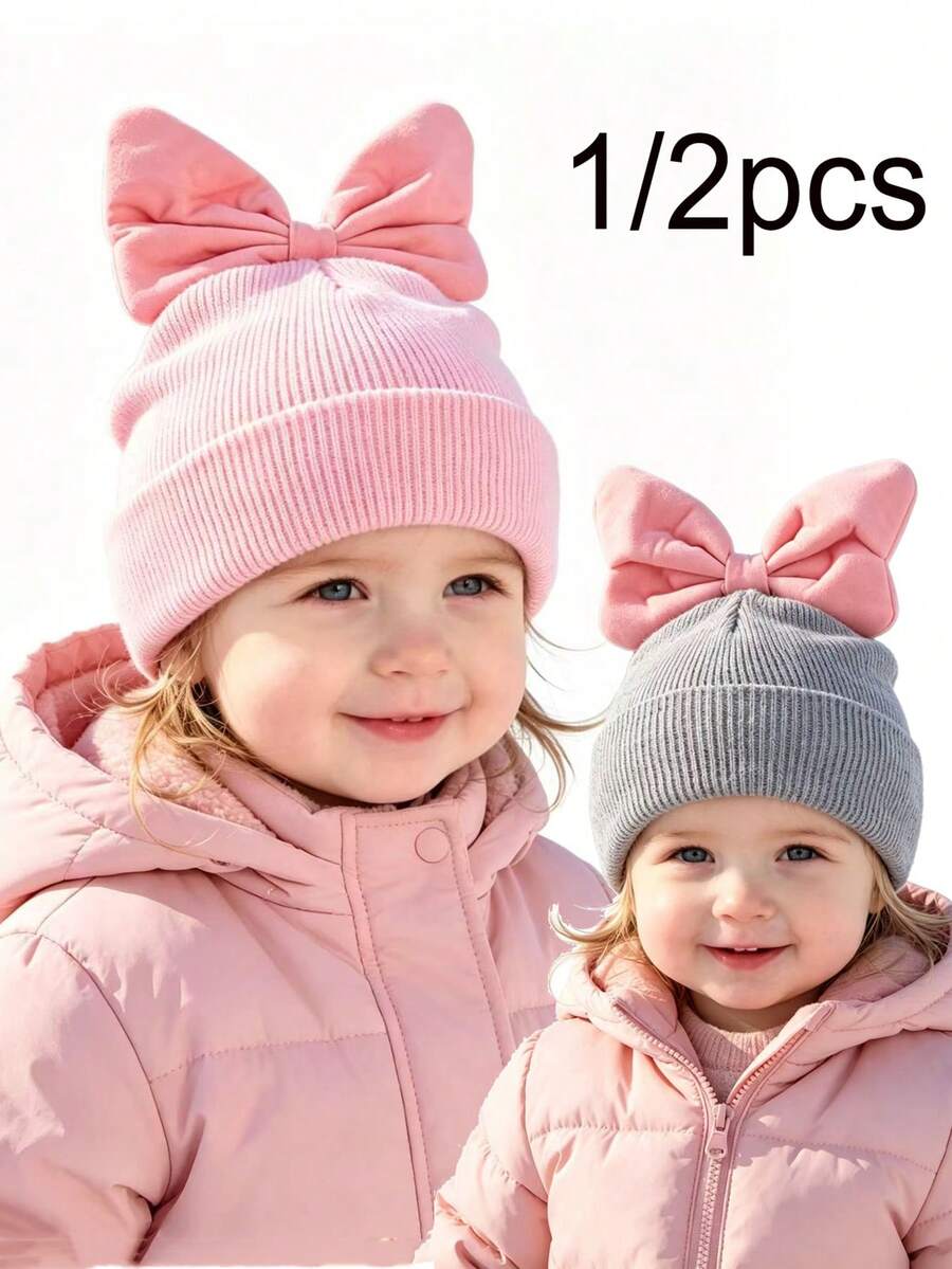 1/2PCS Girls Toddler Baby Knitted Big Bow Decor Cute Children Autumn Winter Warm Knitted Knitted Hat - Bow - View 1