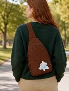 Embroidered Lotus Pattern Crossbody Bag, Unique Printed Corduroy Crossbody Bag, Adjustable Shoulder Strap, Perfect For School, Travel And Leisure - Multicolor - View 3