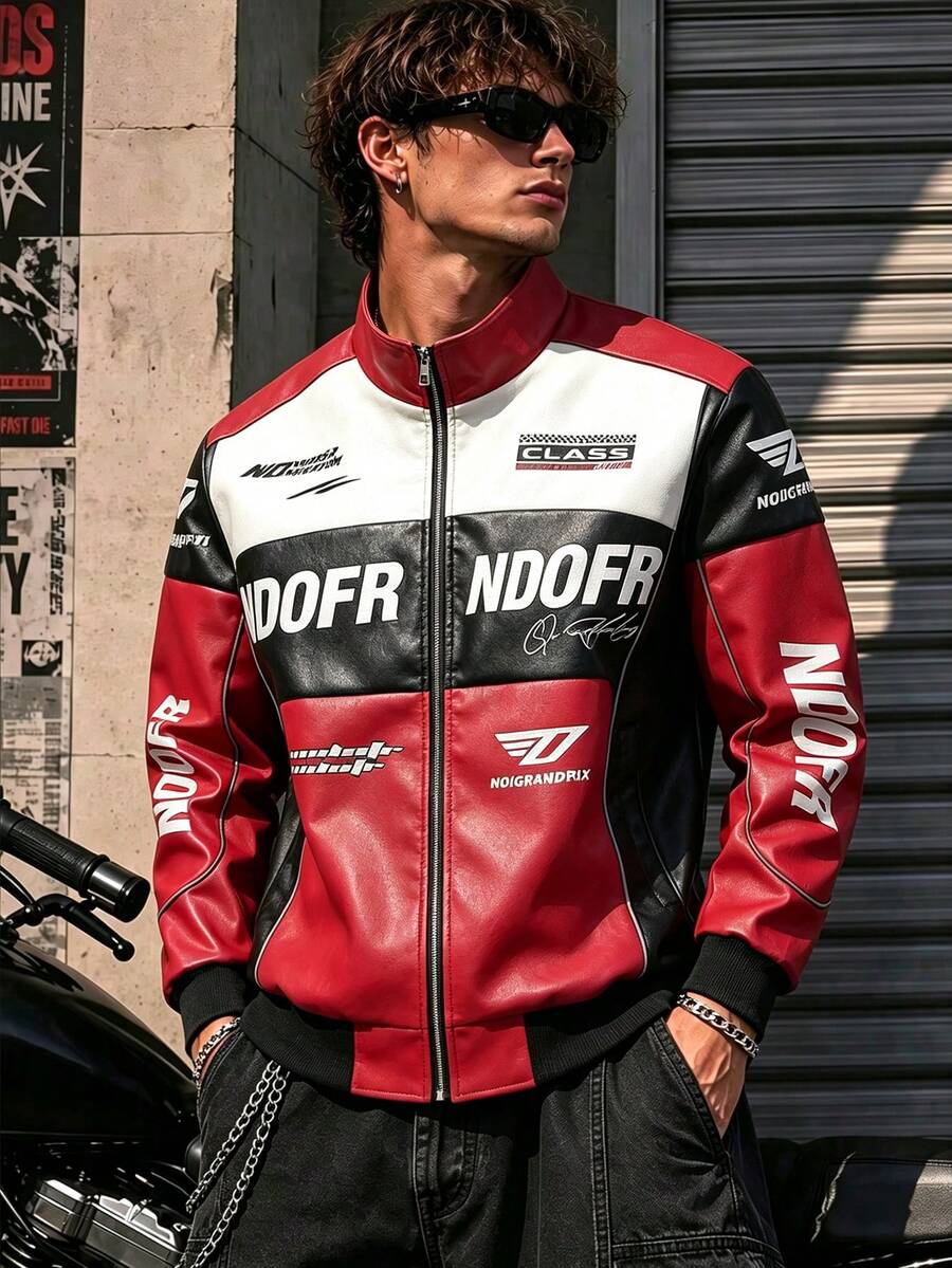 Men's Colorblock Racing Leather Jacket With Stand Collar, Zipper, Letter Print, Hip-Hop Street Style Motorcycle Riding Coat, Suitable For Spring And Autumn Wear - Red - View 1