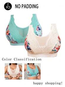 2pcs/Pack Casual Comfortable Minimalist Plus Size Women's Bra, Print Design Lace Patchwork, Wire-Free Soft Comfortable Underwear - Multicolor - View 4