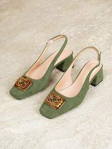 2026 New Elegant Suede Square Toe Chunky Heel 4.5cm Backless Sandals With Adjustable Buckle Design And Ring Wrap Intertwined Buckle, Soft And Comfortable Fit To Foot Shape, Easy To Walk, Suitable For Commuting, Gatherings, Dates And Various Occasions Women's Shoes - Dark Green - View 7