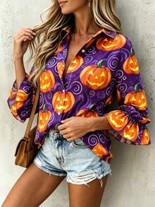 Women's Long Sleeve Shirt With Halloween Pumpkin Pattern, Vintage Fashion Style, With Button Details, Suitable For Autumn Wear - Violet Purple - View 3