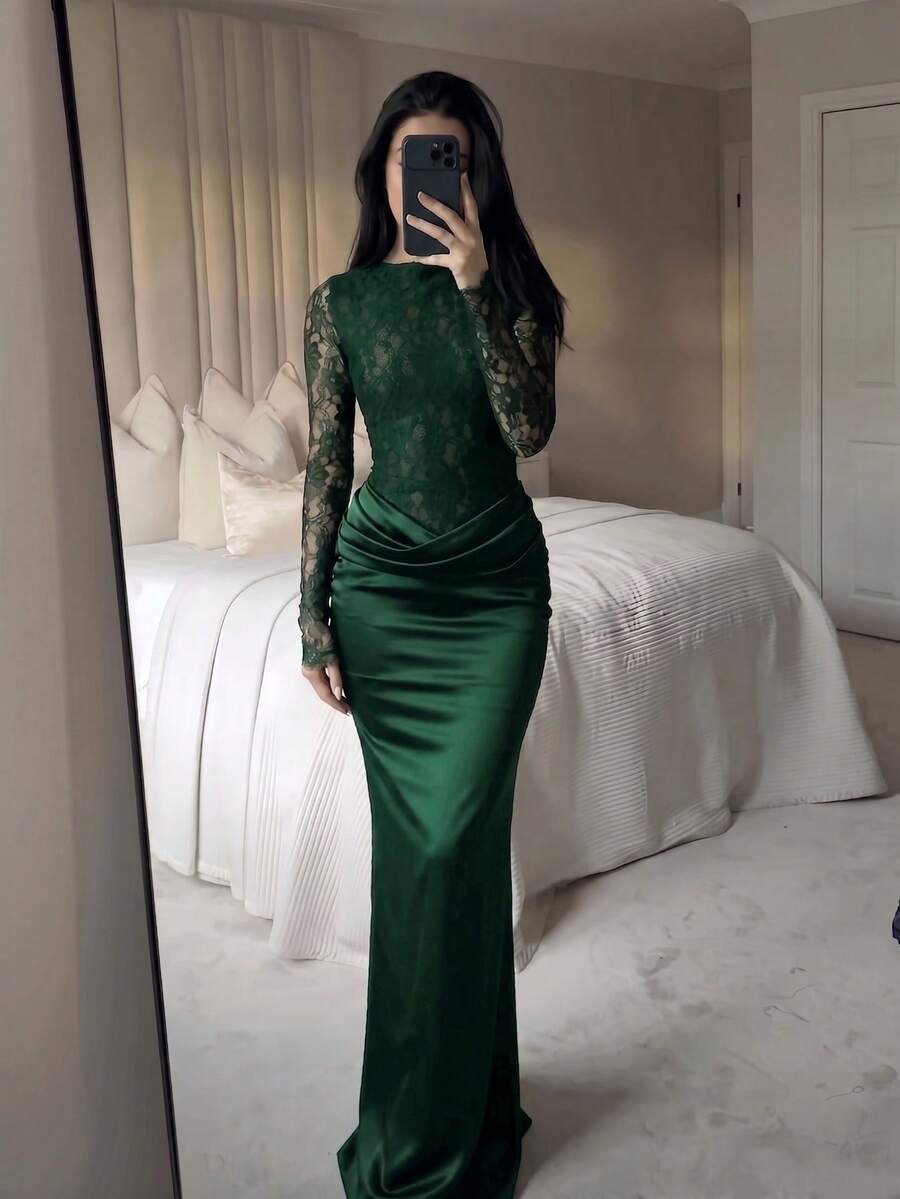 蕾絲與緞面拼接百褶長款晚禮服洋裝,適合派對穿著 - 墨綠色 - 查看 1