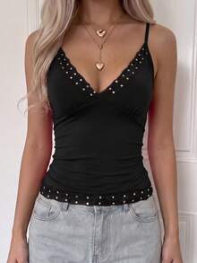 Y2K Style Solid Color Deep V-Neck Camisole Top With Sexy Hollow Lace Design Black Casual Summer - Black - View 5